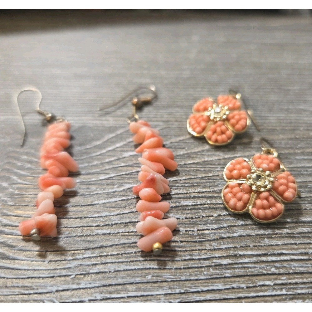 2 Pair Of Coral Color Pierced Hook Dangle Drop Earrings